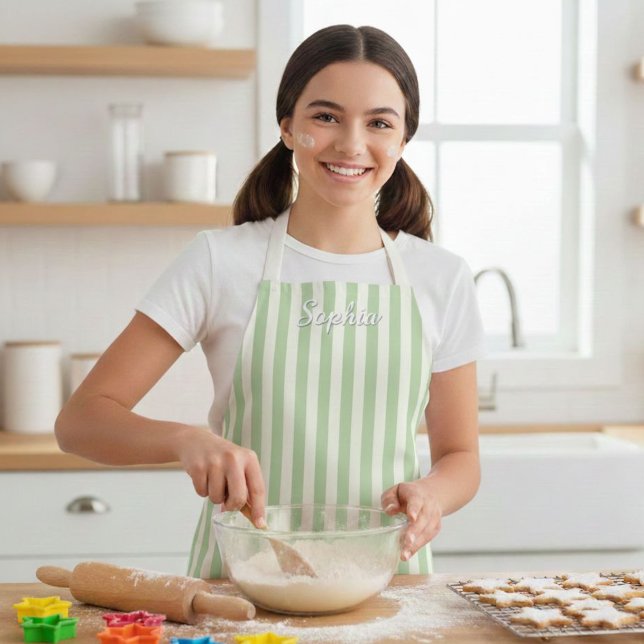 Kids' Sage Green Stripe Custom Name Apron (Creator Uploaded)