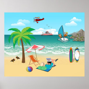 Kids Sailing, Mom Sun Tanning - Fun Beach Vacation Poster