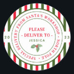 Kids Santa's Workshop North Pole Christmas Gift  Classic Round Sticker<br><div class="desc">These festive santa's workshop christmas gift stickers are perfect for kids holiday gifts. The design features traditional red and green colours with an official north pole seal with the words "special delivery from santa's workshop - north pole" in a fun font. Personalise the stickers with your child's name and the...</div>