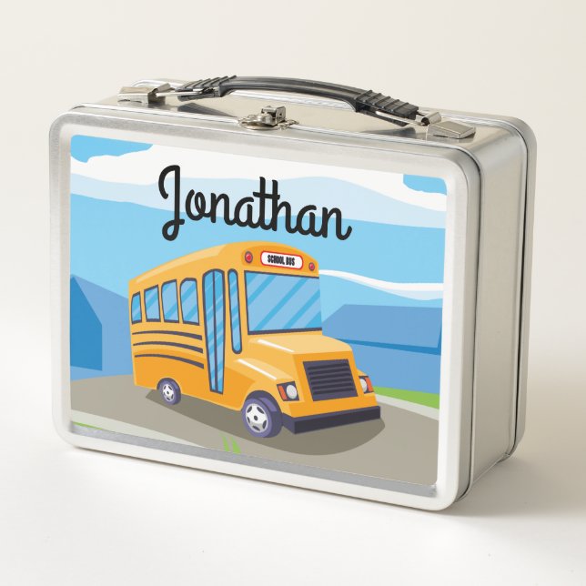 Kid's School Bus with two children Metal Lunch Box (Front)