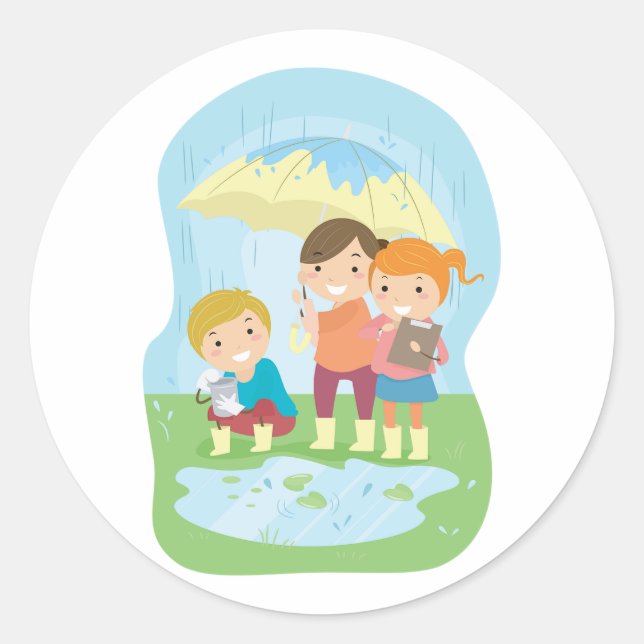 Kids Science Nature Study in Rain Classic Round Sticker (Front)