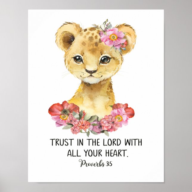 Kids Scripture Art, Watercolor Lion, Proverbs 3:5  Poster (Front)