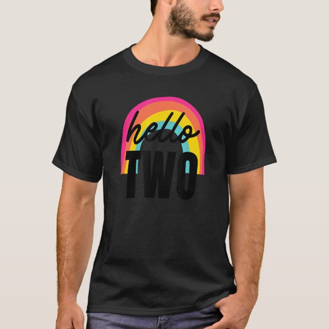 Kids Second Birthday 2 Year Old Hello Two Rainbow T-Shirt (Front)