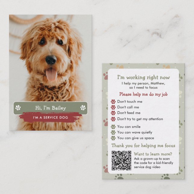 Kids Service Dog Etiquette Explaination Calling Card (Front/Back)