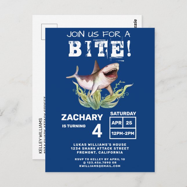 Kids Shark Birthday Party Invitation Postcard (Front/Back)