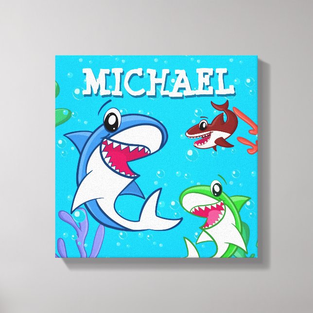 Kids Shark Cartoon Underwater Blue Sea Life Ocean Canvas Print (Front)