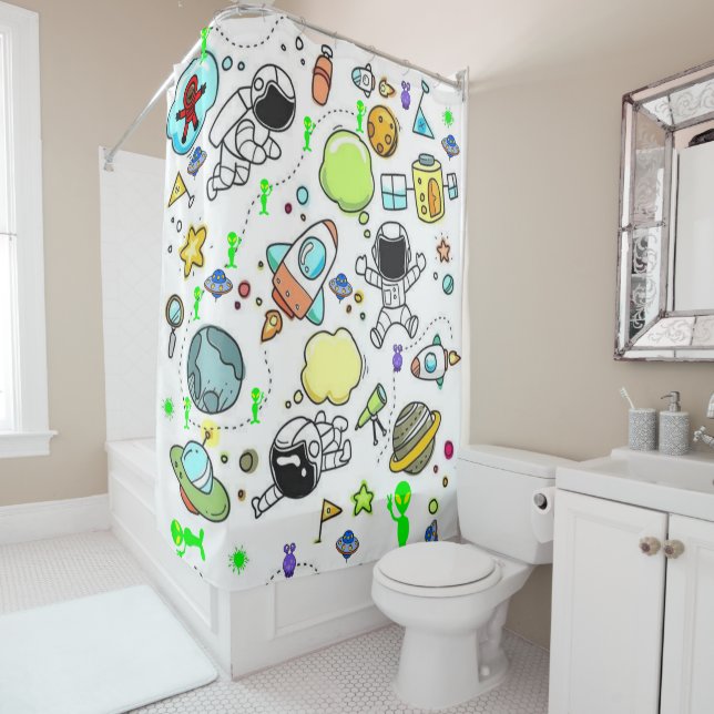 Kids Shower Curtain Astronauts Aliens Space (In Situ)