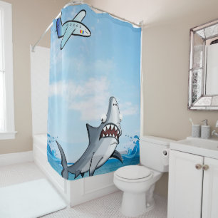 Kids Shower Curtain Blue Shark Aeroplane
