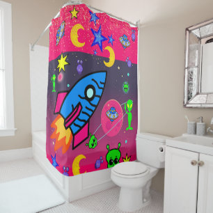 Kids Shower Curtain Rocket Aliens Space