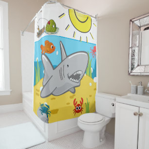 Kids Shower Curtain Shark Crab Fisherman Sun