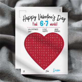 Kids Six Seven Valentine Word Search Heart Class Holiday Postcard