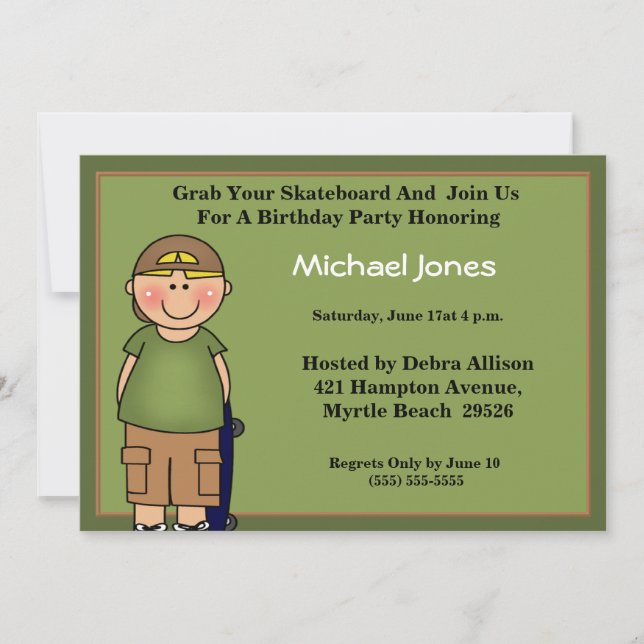 Kids Skateboard Birthday Invitations (Front)