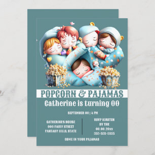 Kids sleeping bags popcorn pyjamas sleepover party invitation