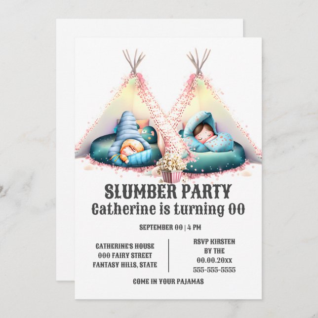 Kids sleeping teepee glamping sleepover slumber invitation (Front/Back)