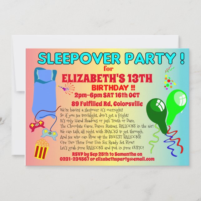 Kids SLEEPOVER Party Invitation - customisable (Front)