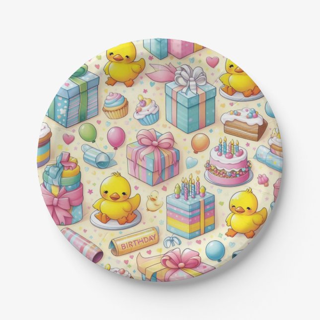 Kids Smiling Duckling Birthday Party Plates (Front)