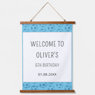 Kids Soccer Ball Blue Boys Birthday Welcome sign Hanging Tapestry