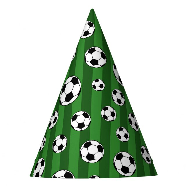 Kids Soccer Ball Pattern on Green Stripes Birthday Party Hat (Front)