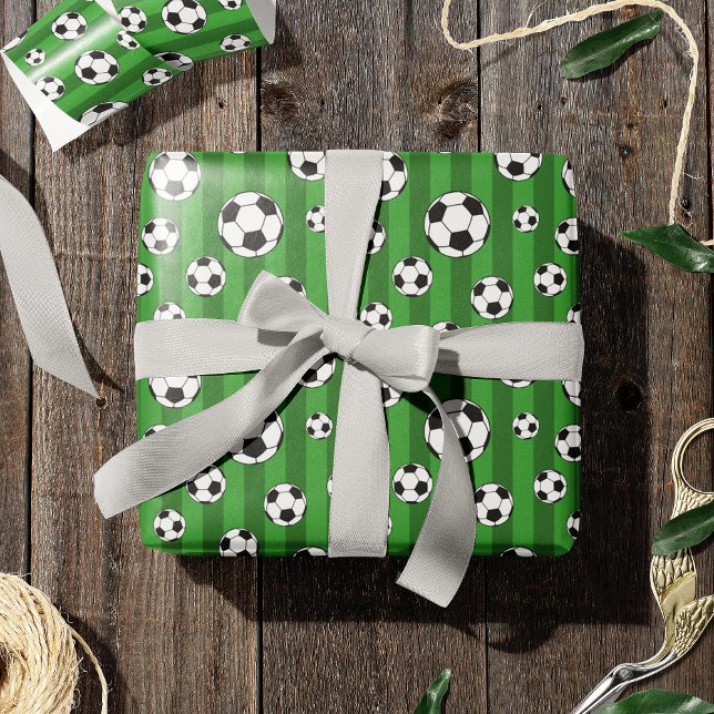 Kids Soccer Ball Pattern on Green Stripes Birthday Wrapping Paper (Creator Uploaded)