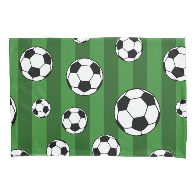Kids Soccer Ball Pattern on Green Stripes Pillowcase (Front)