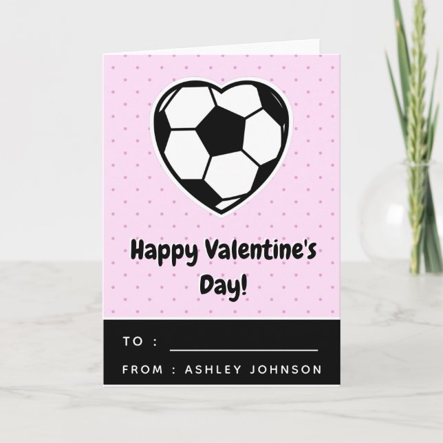Kids Soccer Heart School Class Valentines Day Pink Card (Front)