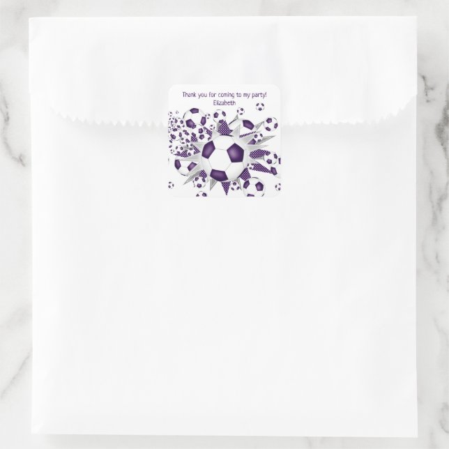 Kids soccer party purple soccer balls stars square sticker (Bag)