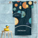 Kids Solar System Planets Pattern Blue Bathroom Ba Bath Towel Set<br><div class="desc">Give your little astronaut their own custom solar system design with this planet pattern bathroom bath towel set. Towels are dark blue and have the planets Mercury, Venus, Earth, Mars, Jupiter, Saturn, Uranus, and Neptune. There is also the sun and the moon. Add an optional first name for a personalised...</div>