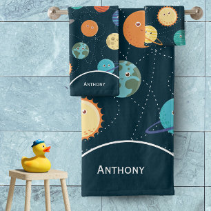 Kids Solar System Planets Pattern Blue Bathroom Ba Bath Towel Set