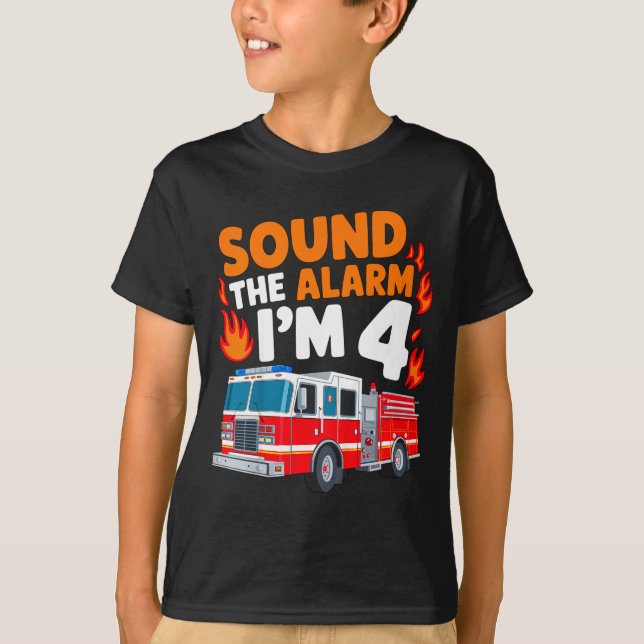 Kids Sound The Alarm I'm 4 Years Old 4th Birthday  T-Shirt (Front)