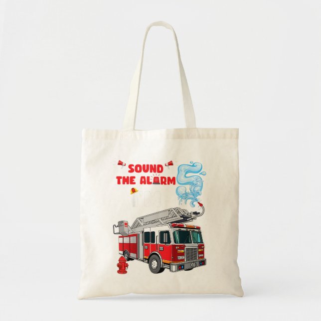 Kids Sound the Alarm I'm 5! Kids Fire Truck Firefi Tote Bag (Front)