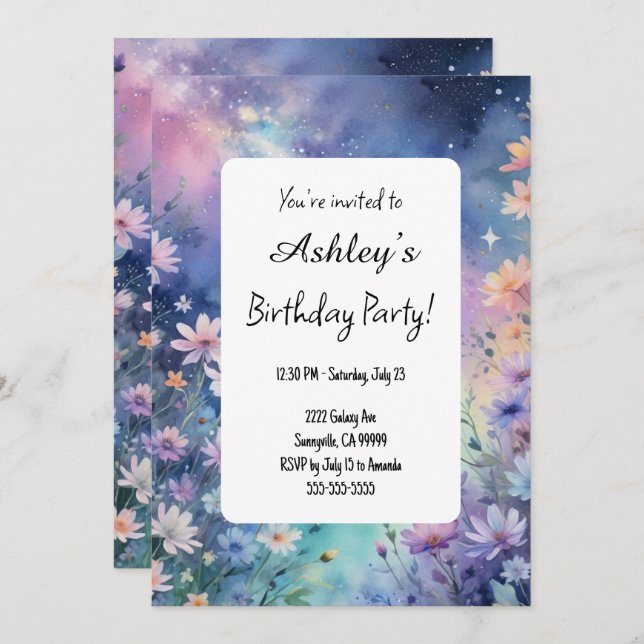 Kids Space Flower Themed Birthday Party  Invitation (Front/Back)