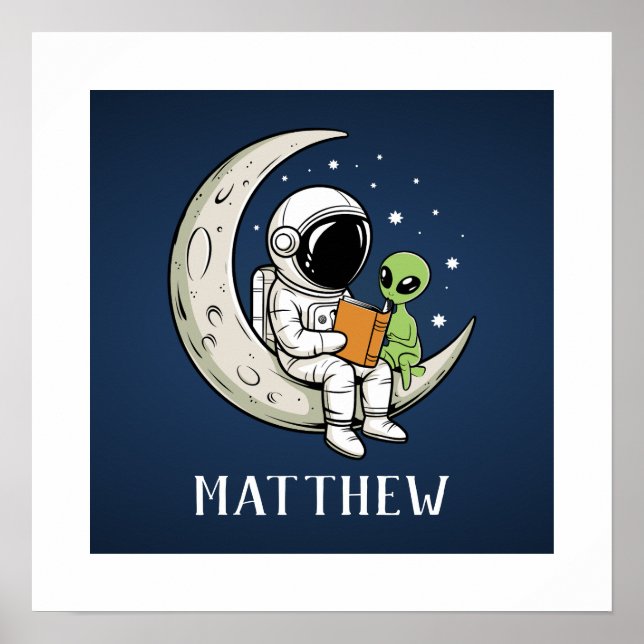 Kid's Space Reading Astronaut and Alien on Moon  Poster (Front)