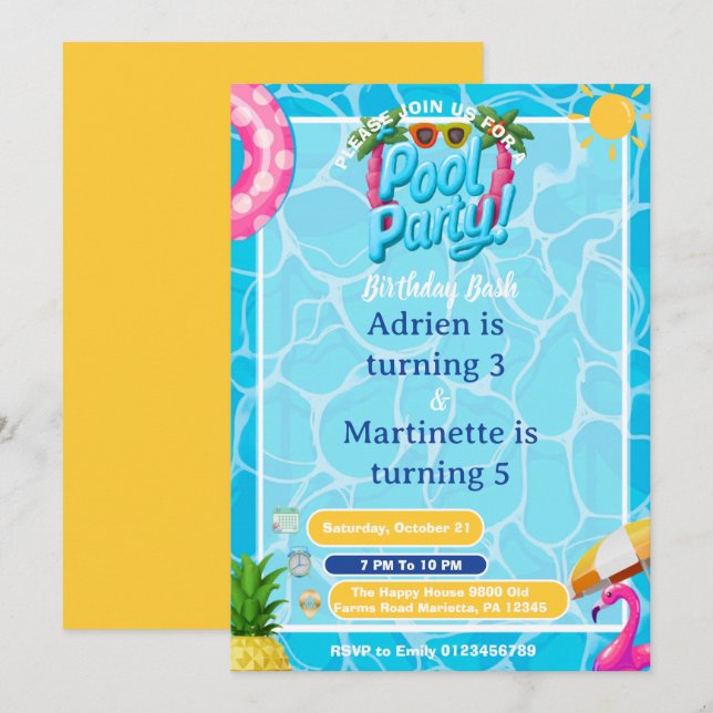 Kids Splash Pool Party Double Birthday Invitation (Front/Back)