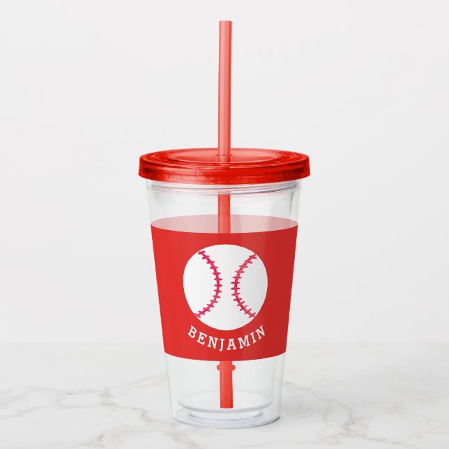 Kids Sports Baseball Athletic Personalised Red Acrylic Tumbler (Front)