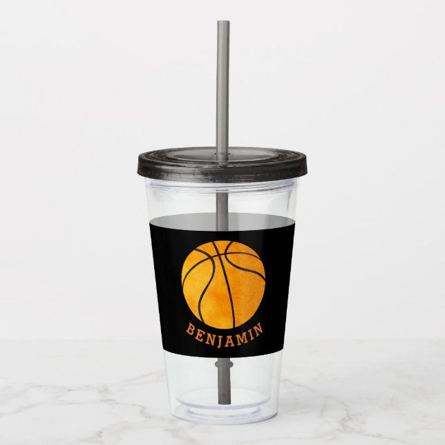 Kids Sports Basketball Athletic Personalised Black Acrylic Tumbler (Front)