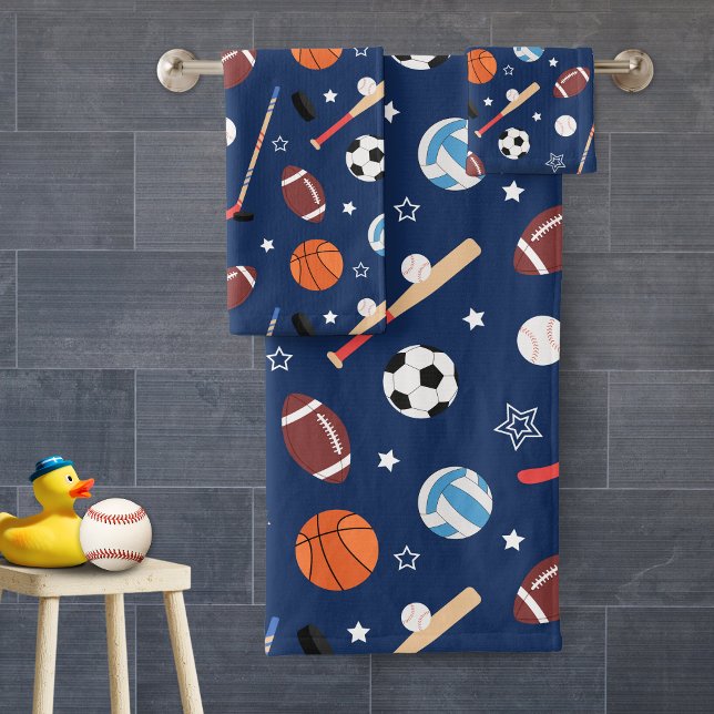 Kids Sports Equipment Pattern on Blue Bathroom Bath Towel Set (Creator Uploaded)