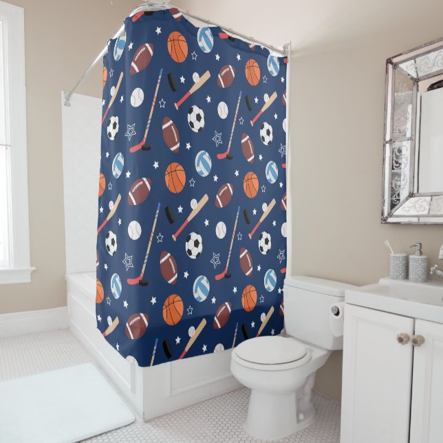 Kids Sports Equipment Pattern on Blue Bathroom Shower Curtain (In Situ)