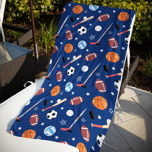 Kids Sports Equipment Pattern on Blue Beach Towel