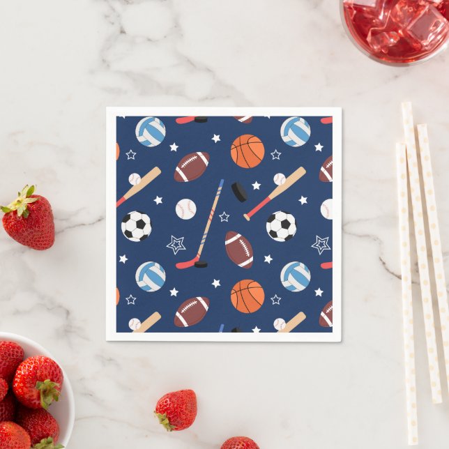 Kids Sports Equipment Pattern on Blue Birthday Napkin (Insitu)