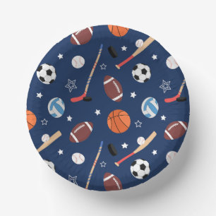 Kids Sports Equipment Pattern on Blue Birthday Paper Plate