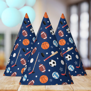 Kids Sports Equipment Pattern on Blue Birthday Party Hat