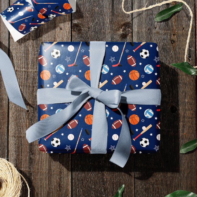 Kids Sports Equipment Pattern on Blue Birthday Wrapping Paper (Creator Uploaded)