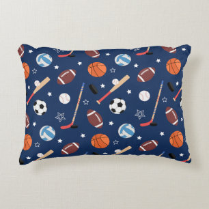Kids Sports Equipment Pattern on Blue Decorative Cushion