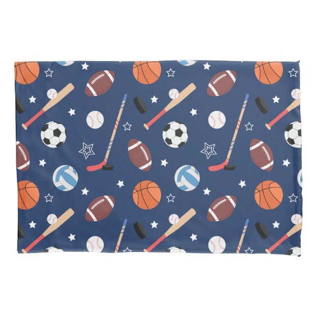 Kids Sports Equipment Pattern on Blue Pillowcase (Front)