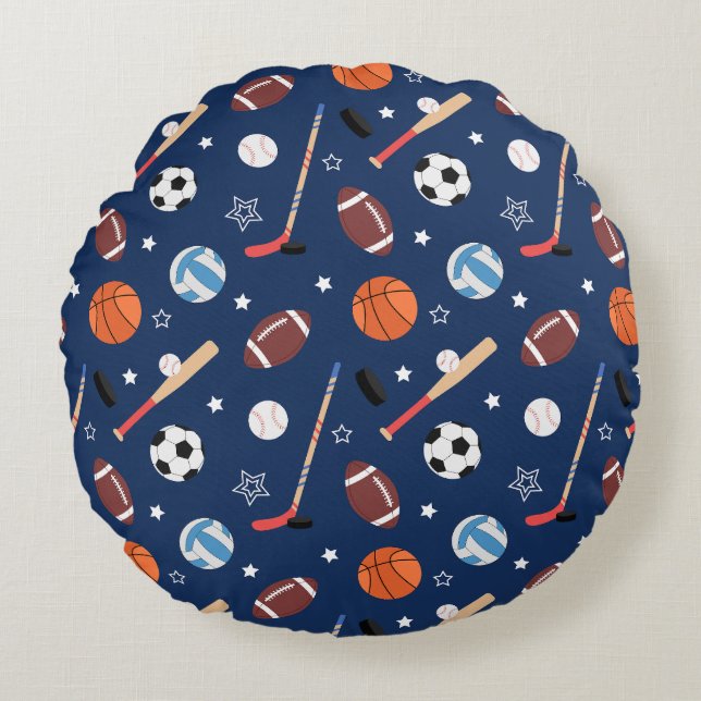 Kids Sports Equipment Pattern on Blue Round Cushion (Front)