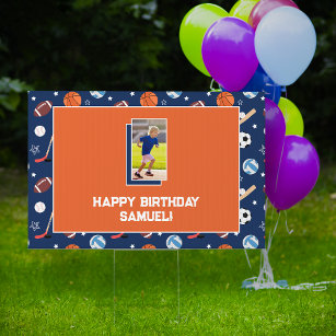 Kids Sports Pattern Blue & Orange Birthday Photo Garden Sign