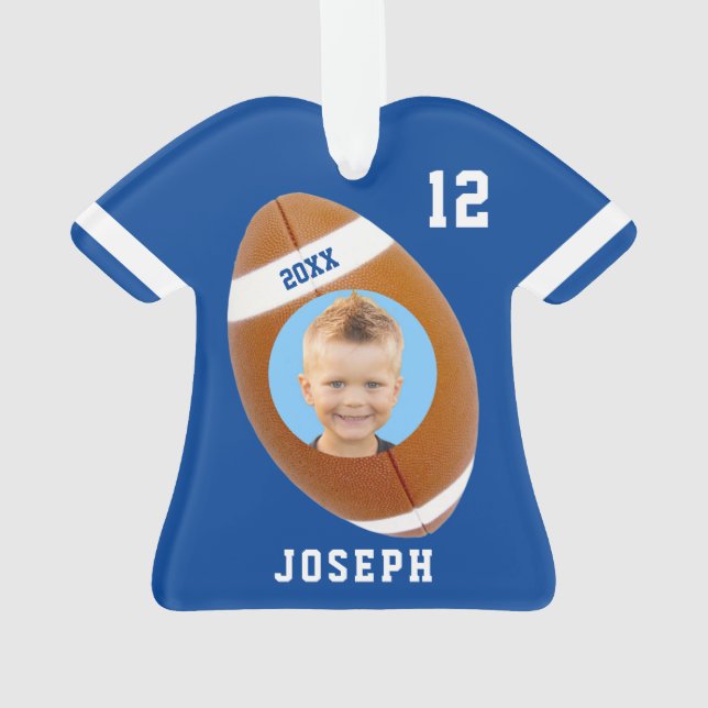 Kids Sporty Blue Photo Football Jersey Ornament (Back)
