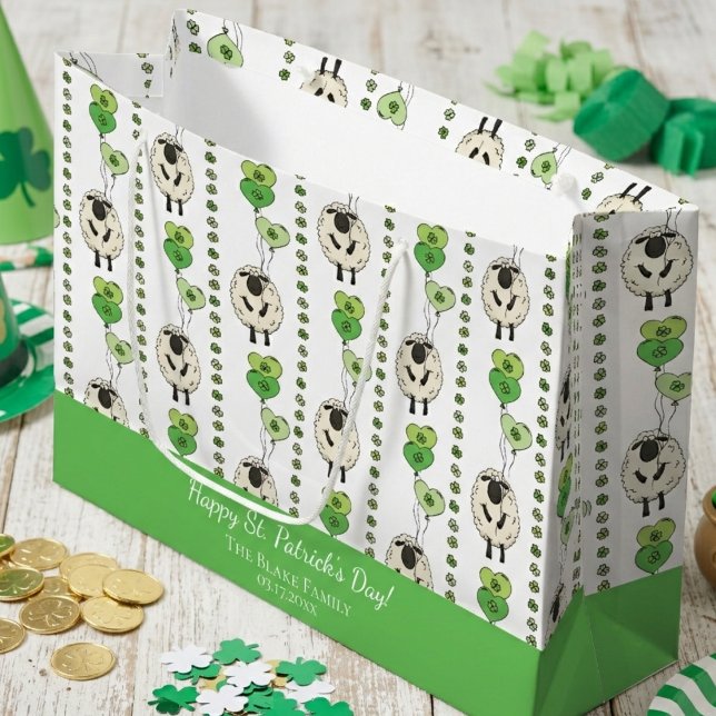 Kids St. Patrick’s Day Sheep & Shamrocks Pattern Large Gift Bag (St Patrick's Day Fun Striped Pattern of Hand Drawn Cute Irish Sheep, Green Clovers Shamrocks, Hearts)