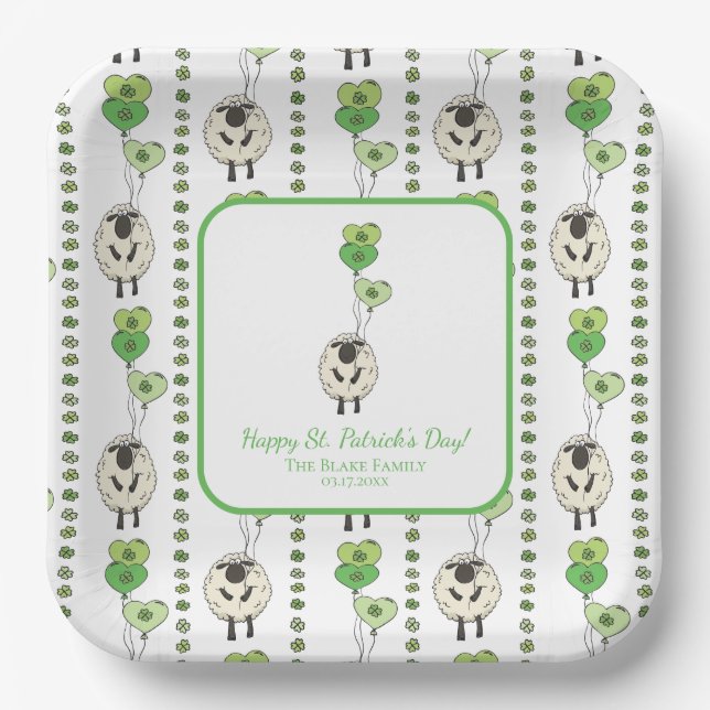 Kids St. Patrick’s Day Sheep & Shamrocks Pattern Paper Plate (Front)