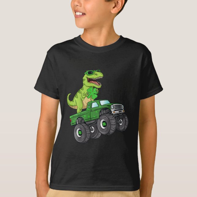 Kids St Patricks Day T Rex Riding Monster Truck Di T-Shirt (Front)